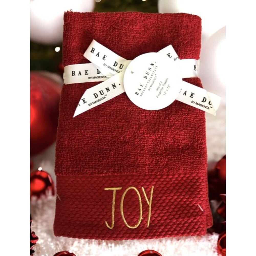 Rae Dunn Christmas Fingertip Towels Joy Red Gold Embroidered Set of 2 Bathroom
